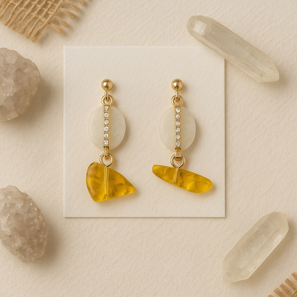 Citrine and White Quartz Earrings with Gold Tone Rhinestone Charms